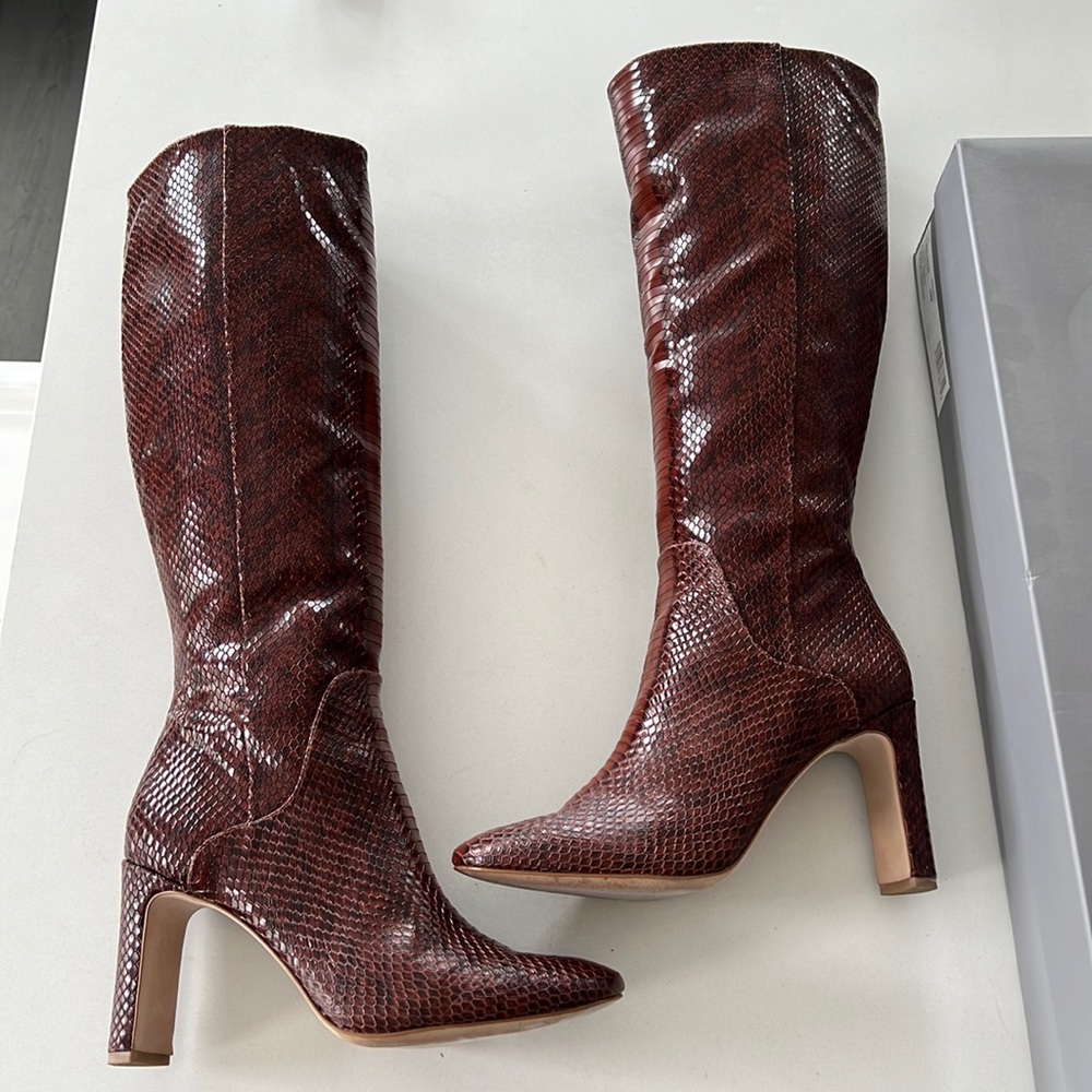 Louise et Cie brown snake print embossed leather heeled boots